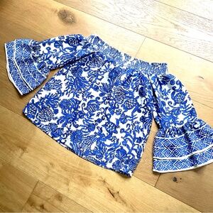 Lilly Pulitzer Kaori Off-the-Shoulder Tropical Turtle Top Shirt Blouse Blue XS